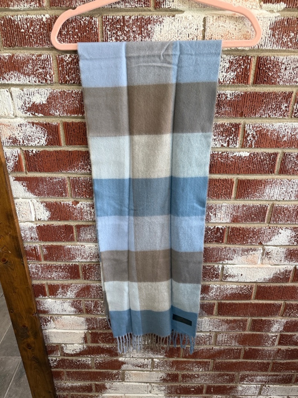 100% Cashmere Made In Germany Striped Blue and Taupe Fringe Scarf OSFM